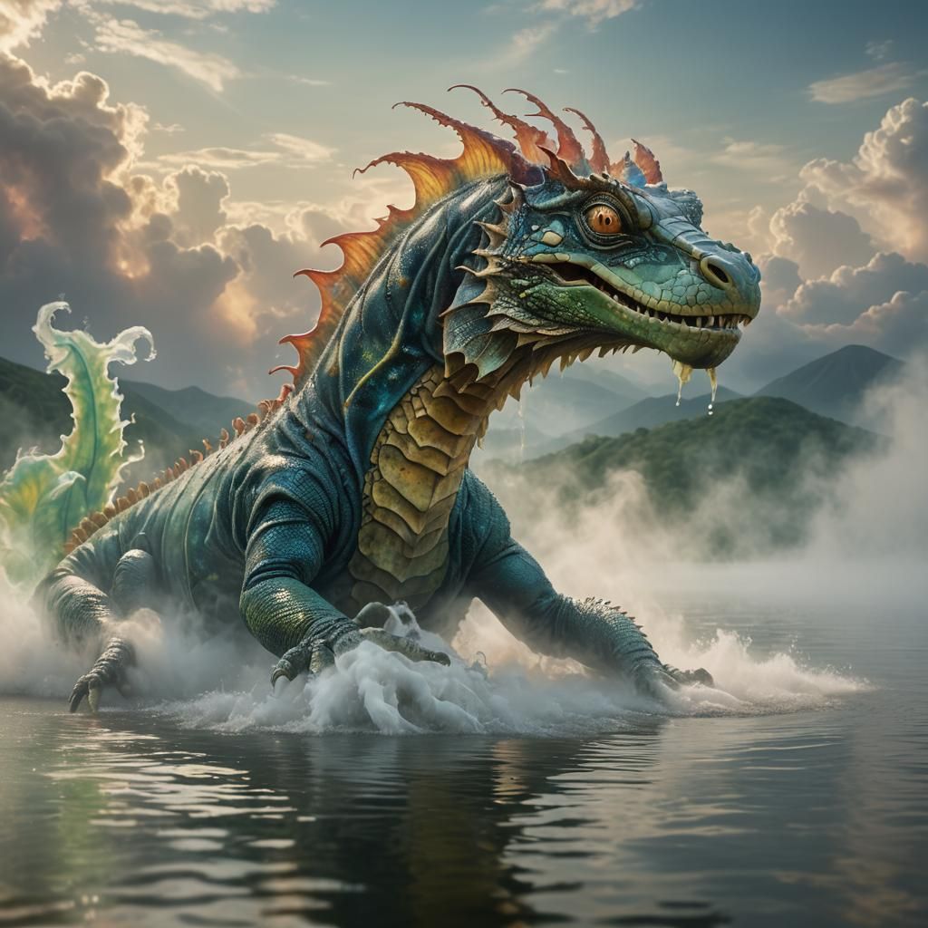 Surreal Basilisk Emerges from Colorful Fluid Lake