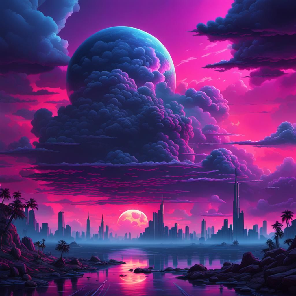 Synthwave Cloudy Sky at Dusk: Detailed Matte Painting