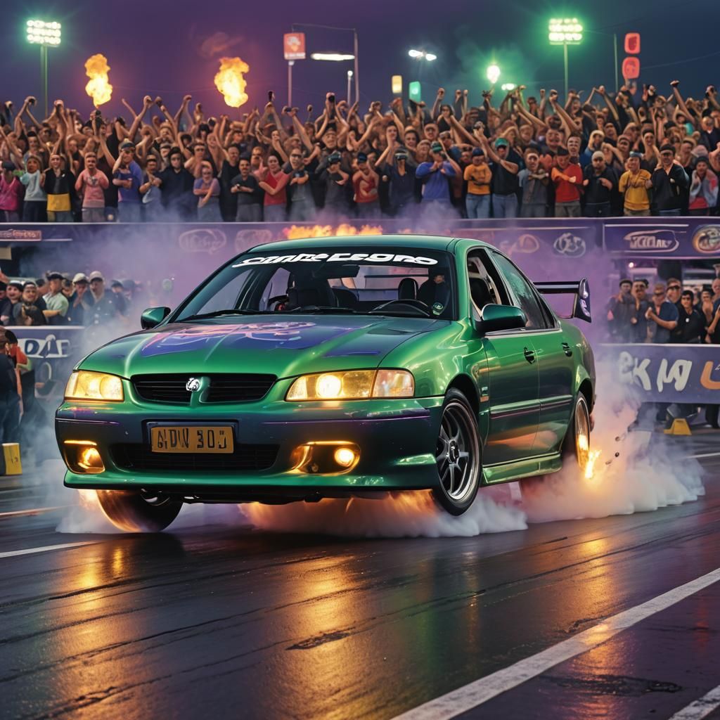 Holden Commodore at Drag Strip in Neon Flames