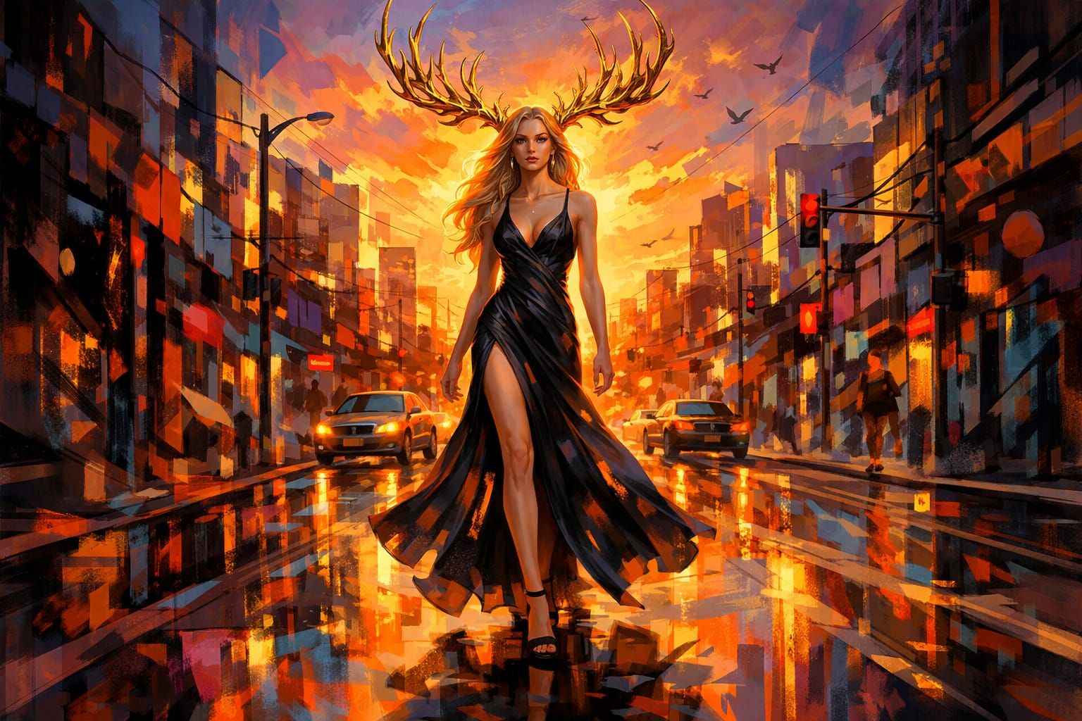 Blond Woman With Gold Stag Antlers on Sunset Street