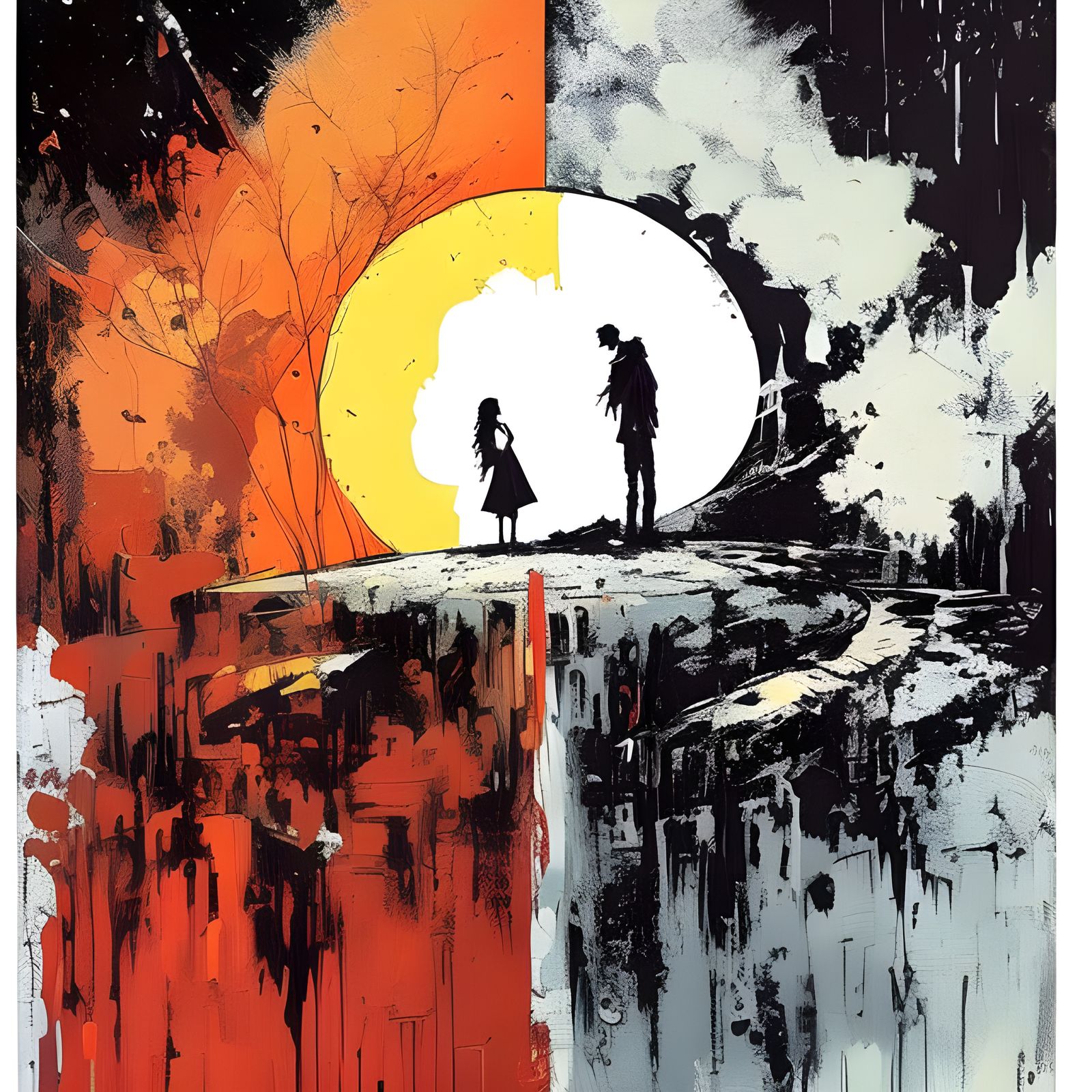 Lovers Embracing Under Sun and Moon in Speedpaint Style