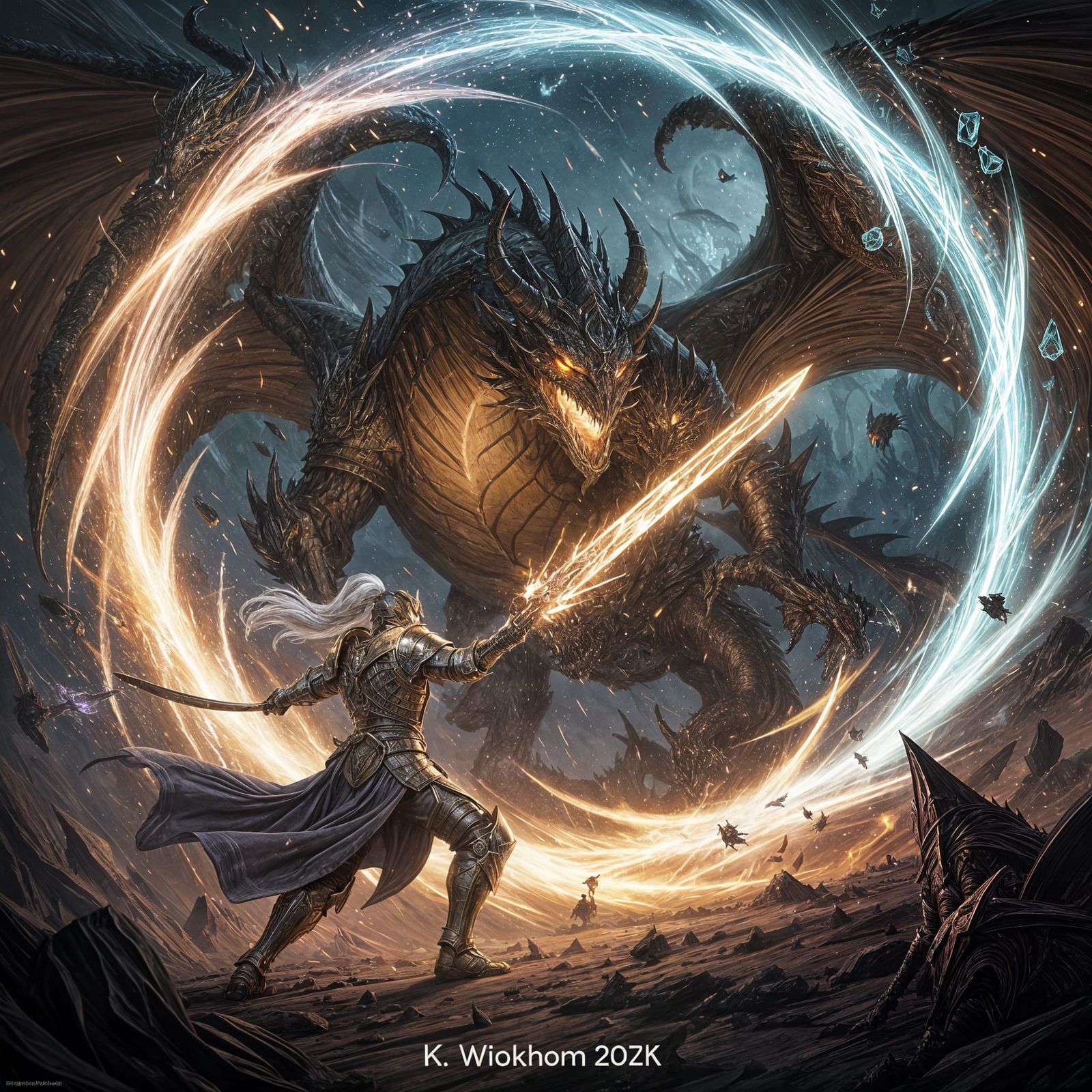 Knight vs Colossal Dragon in Magical Vortex - Fantasy Art