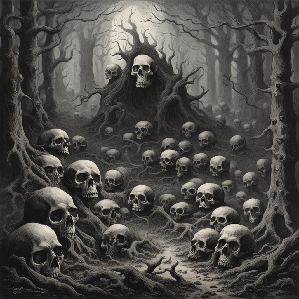 Creepy Skull Forest in Engraving Style