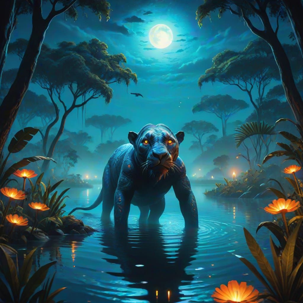Surreal Congo Lake Scene with Mokele-mbembe under Blue Moonl...