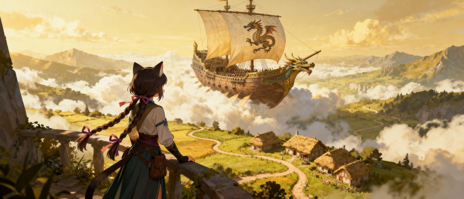 Anime Catgirl Overlooks Dragon Airship in Fantasy Village