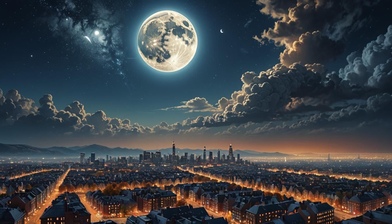 Enormous Autumn Moon Rises Over City as Digital Painting