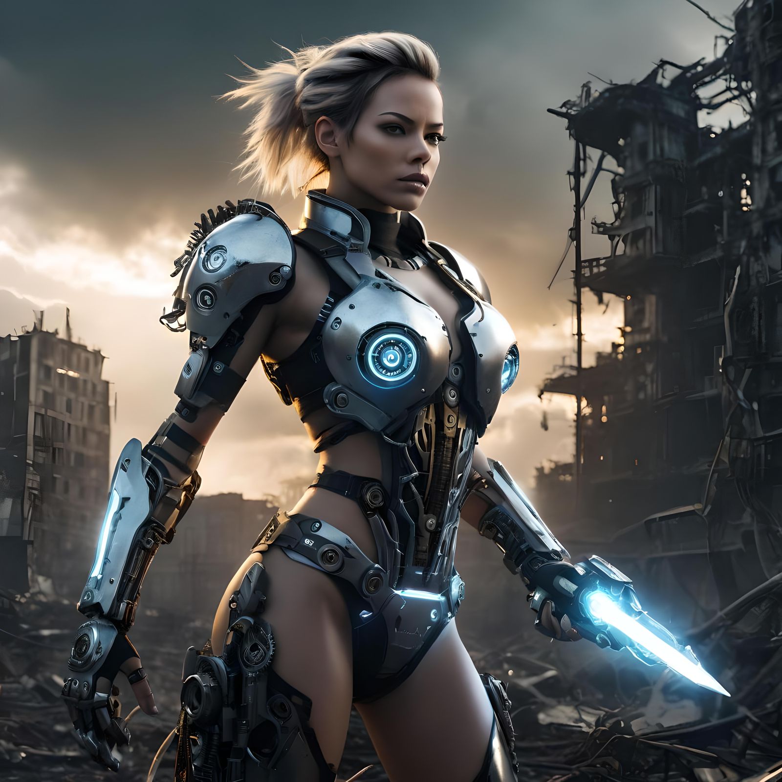 Female Cyborg with Energy Blade in Apocalyptic Landscape
