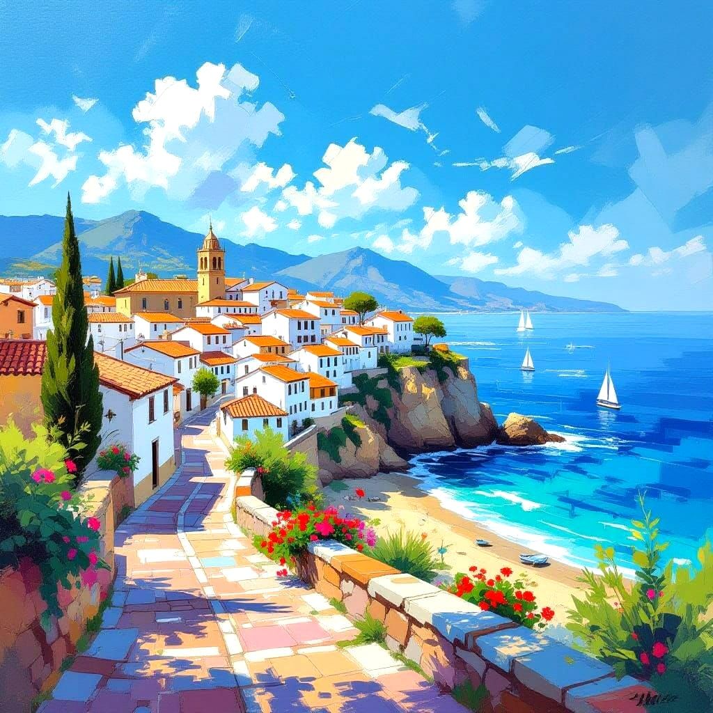 Vibrant Spanish Coast in Modern Brushstrokes