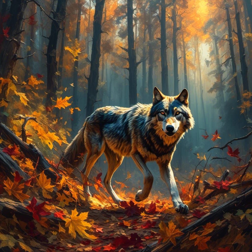 Wolf Runs Through Forest in Vibrant Oil Painting