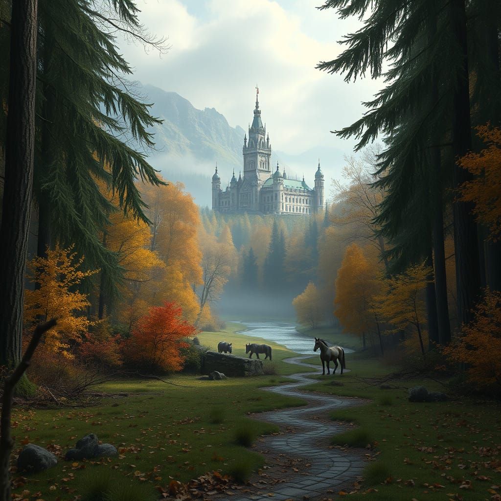 Regal Autumn Forest Scene with Majestic Palace