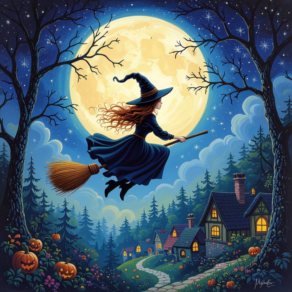 Halloween Witch Flying Over Moonlit Village in Candyland Sty...