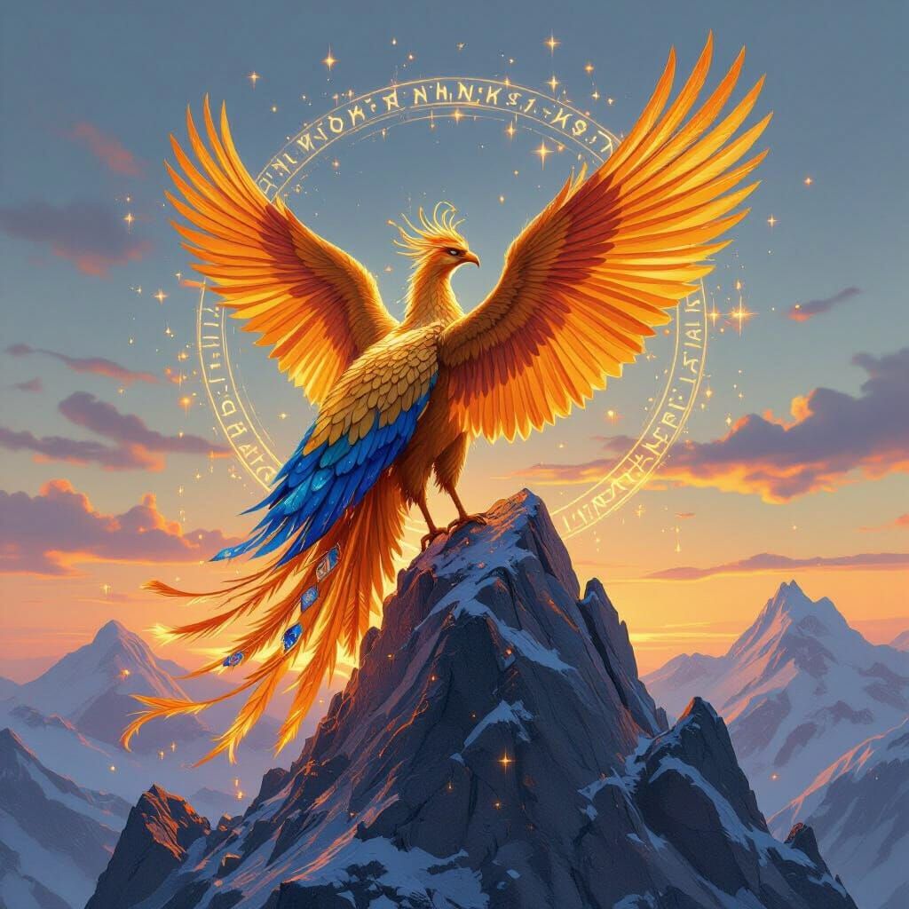 Golden Phoenix on Crystalline Peak in Painterly Style