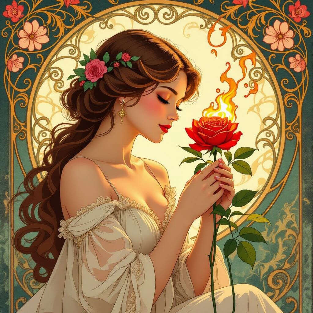 Flaming Rose Held by Woman in Art Nouveau Style