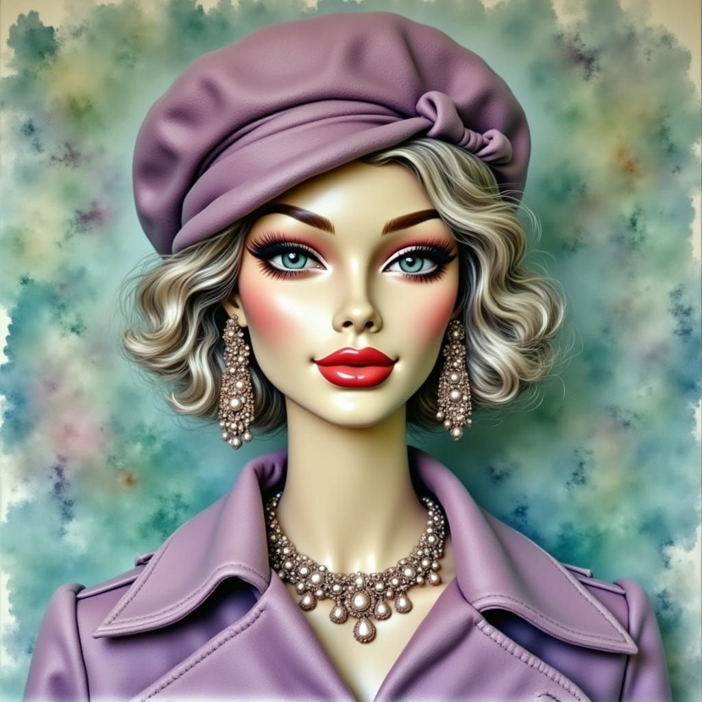 Sixties Mannequin in Watercolor Style with Pillbox Hat