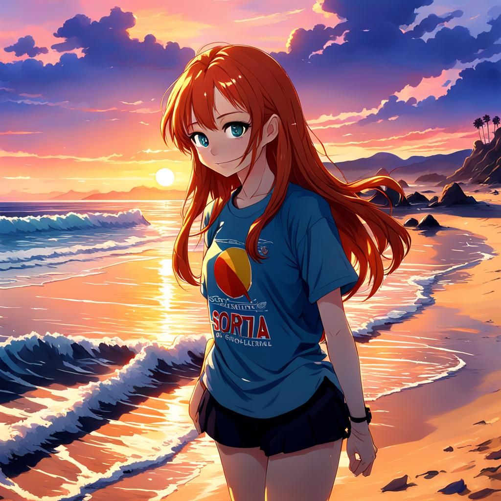 Sunset Beach Anime Girl in California