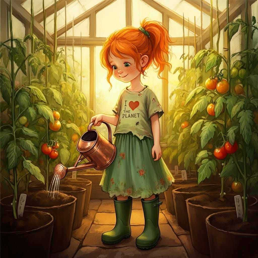 Whimsical Greenhouse Girl Tends to Tomato Plants in Earthy I...