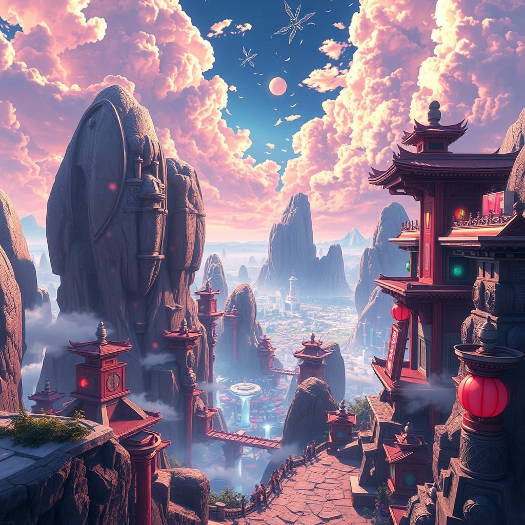 Ethereal Fantasy Realm in Futuristic Anime Style