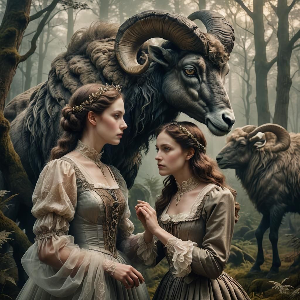 Woman and Mythical Creature in Ethereal Landscape