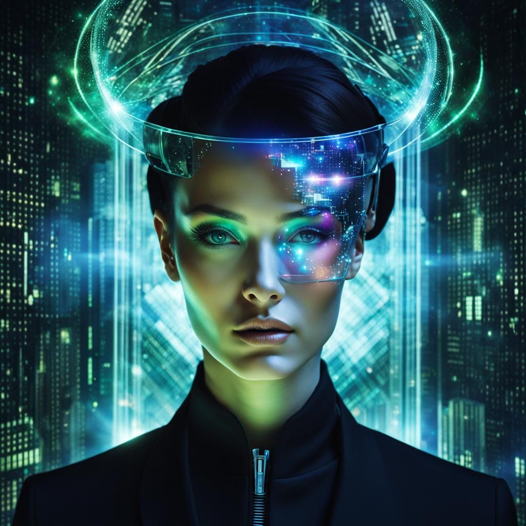 Holographic Cyborg Portrait in Retro Photography Style