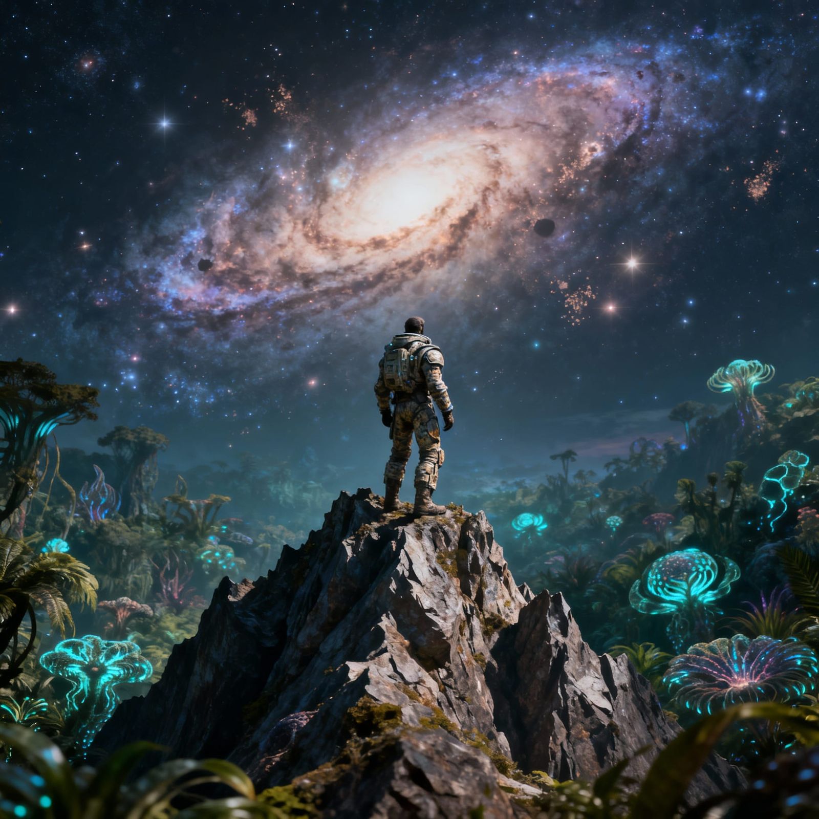 Explorer Gazes at Alien Jungle Under Nebula Sky