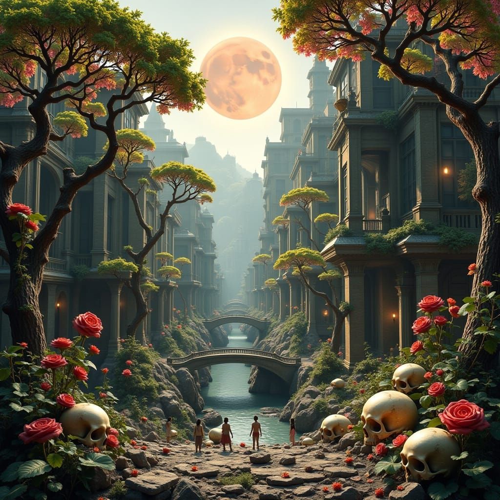 Surreal Landscape with Skulls, Roses, and Pandanis Trees