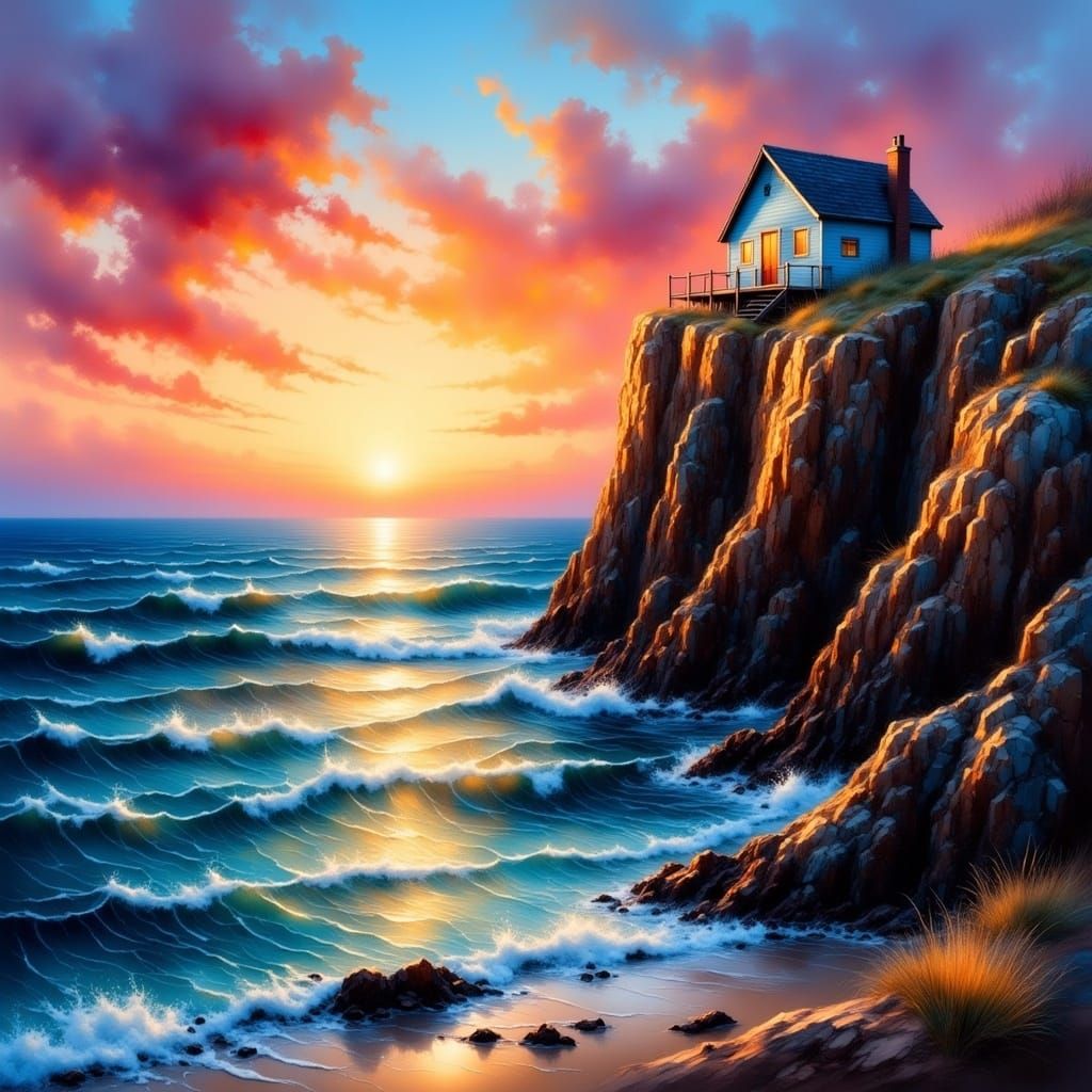Hyperrealistic Cliffside House at Sunset