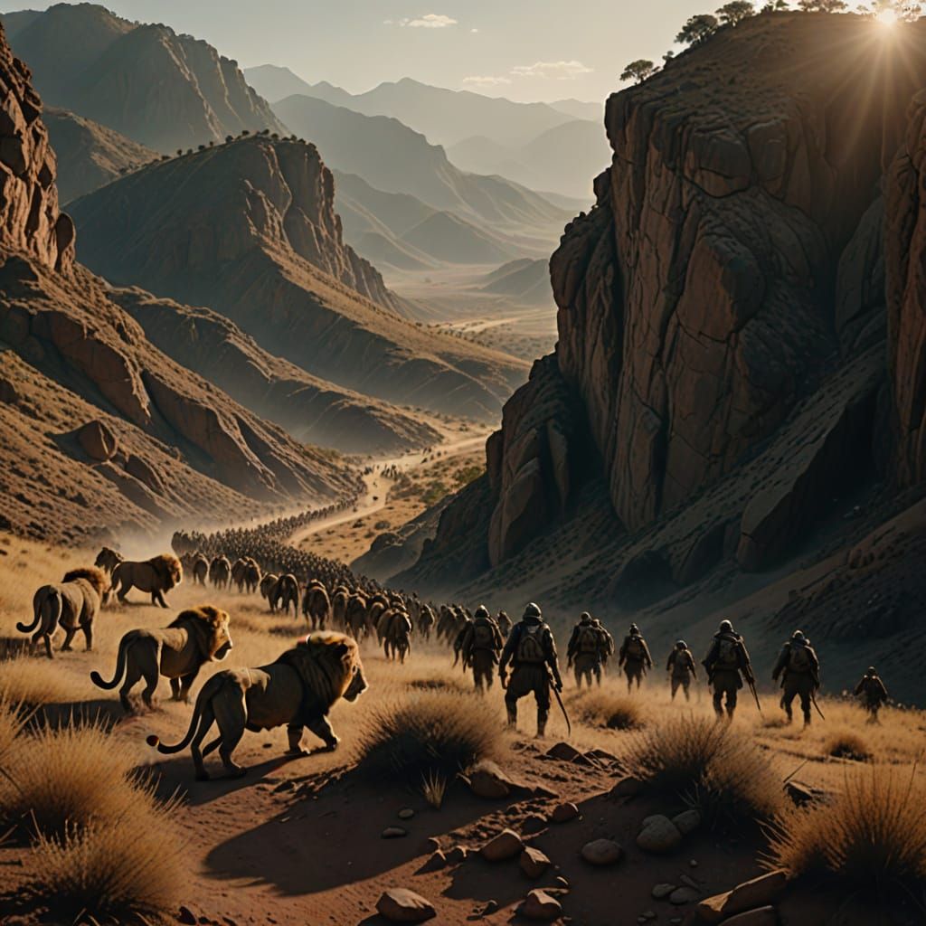 Carthaginian Soldiers Battle Lions in Cinematic Film Still