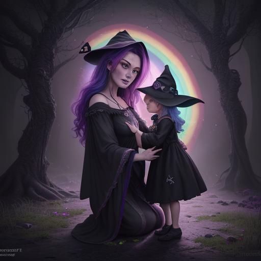 Cute Cartoon Mother and Baby Witch Fantasy Art