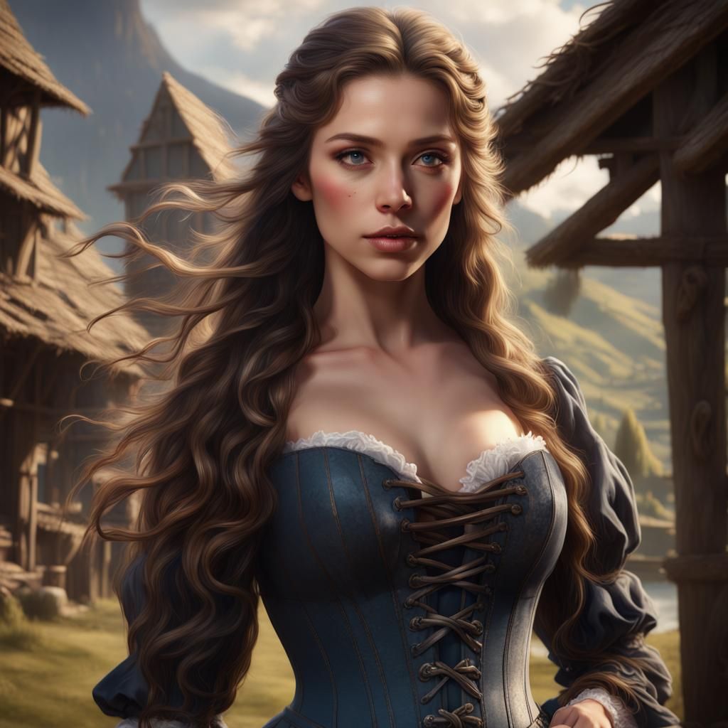 Beautiful Village Girl with Brown Eyes in Corset