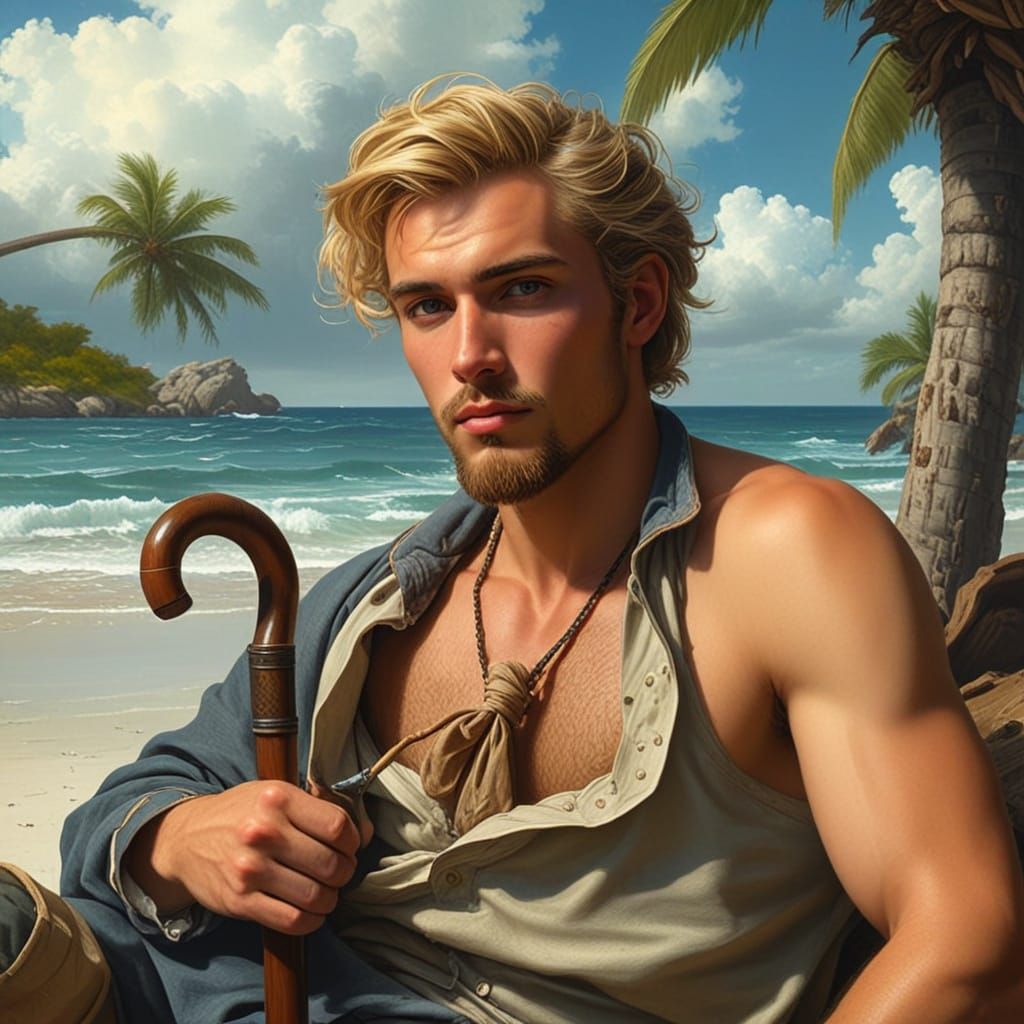 Handsome Gentleman on a Tropical Island in a Rococo Style Po...