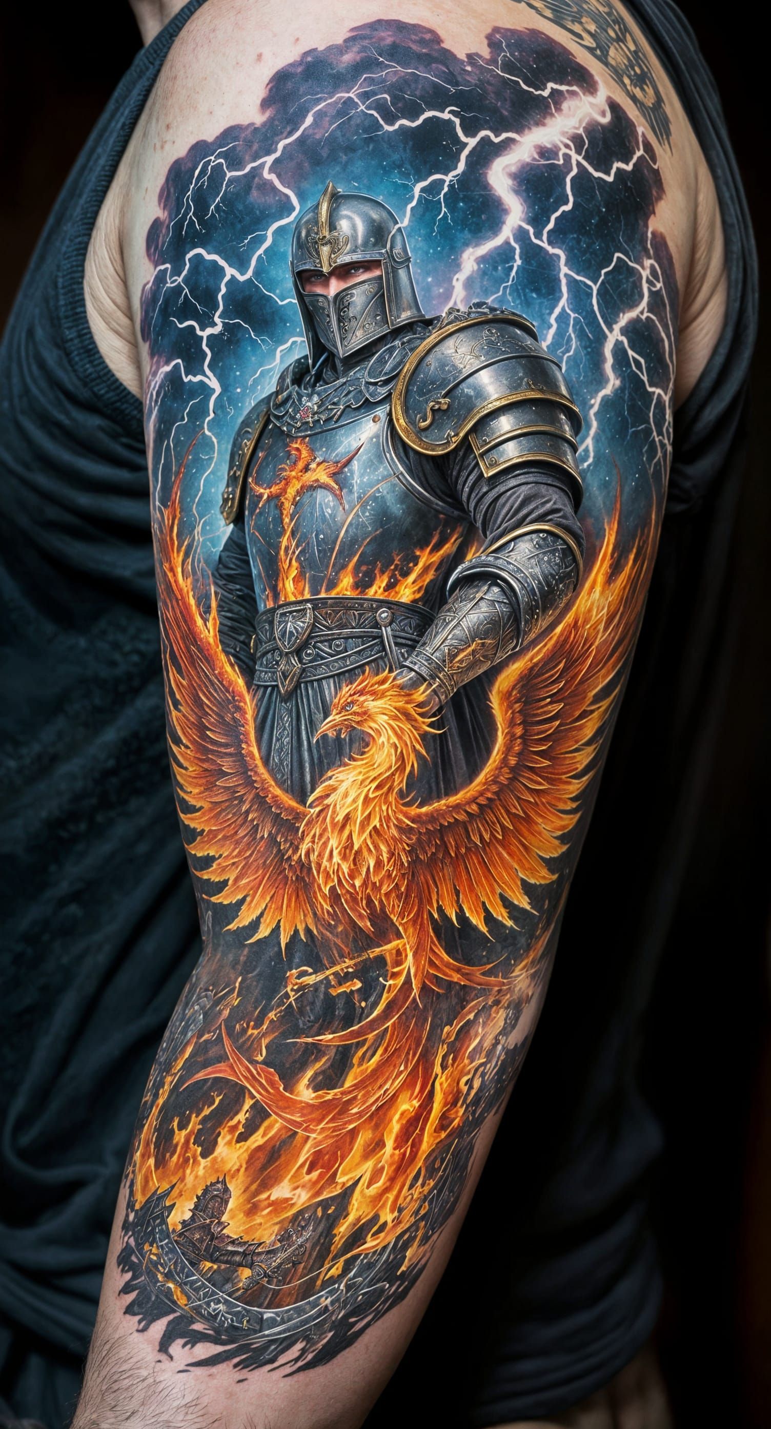 Knight and Phoenix Tattoo Design with Storm Elements