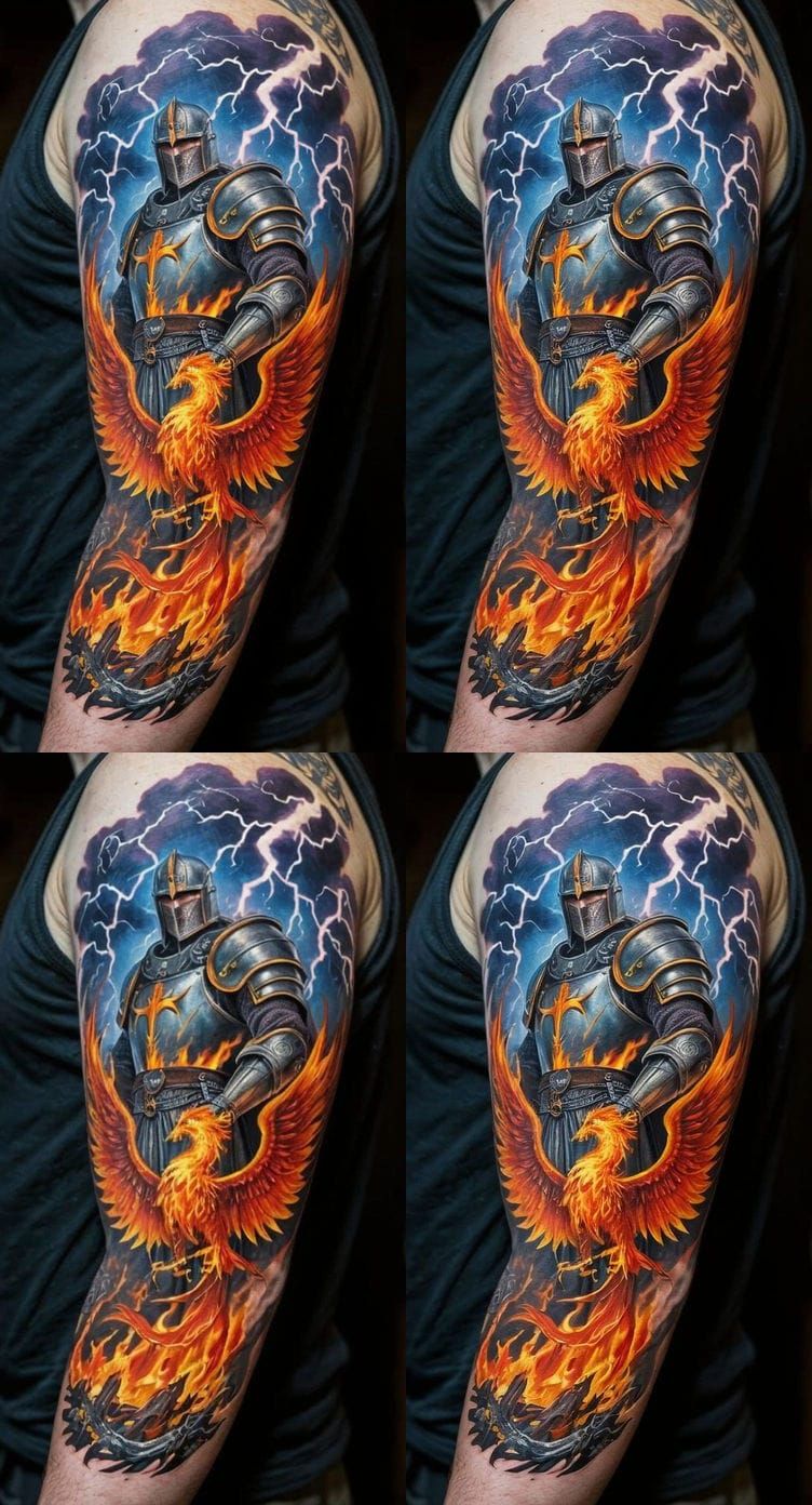 Knight and Phoenix Tattoo Design with Lightning Storm