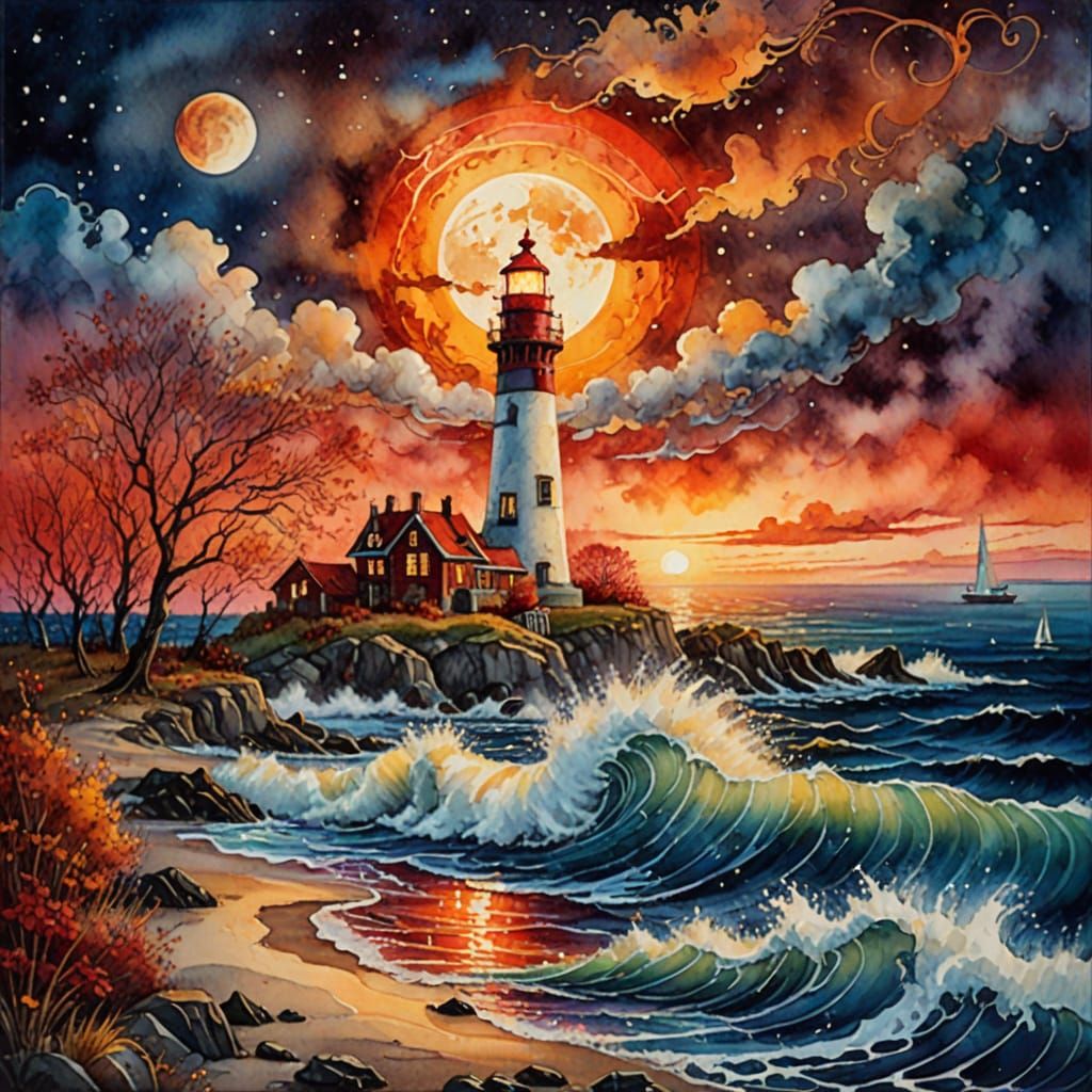 Surreal Lighthouse Scene in Vibrant Autumn Sunset