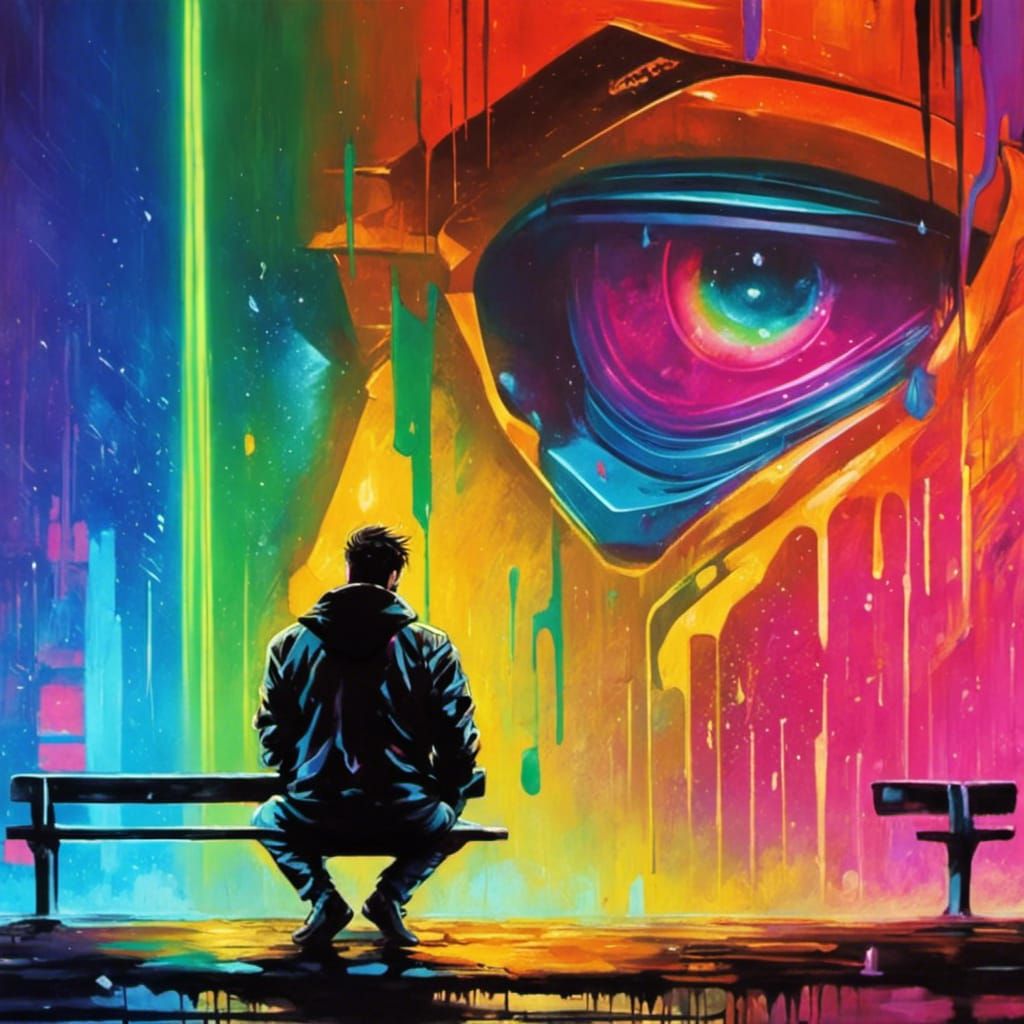 Cyberpunk Man in Rainy Cityscape with Neon Graffiti