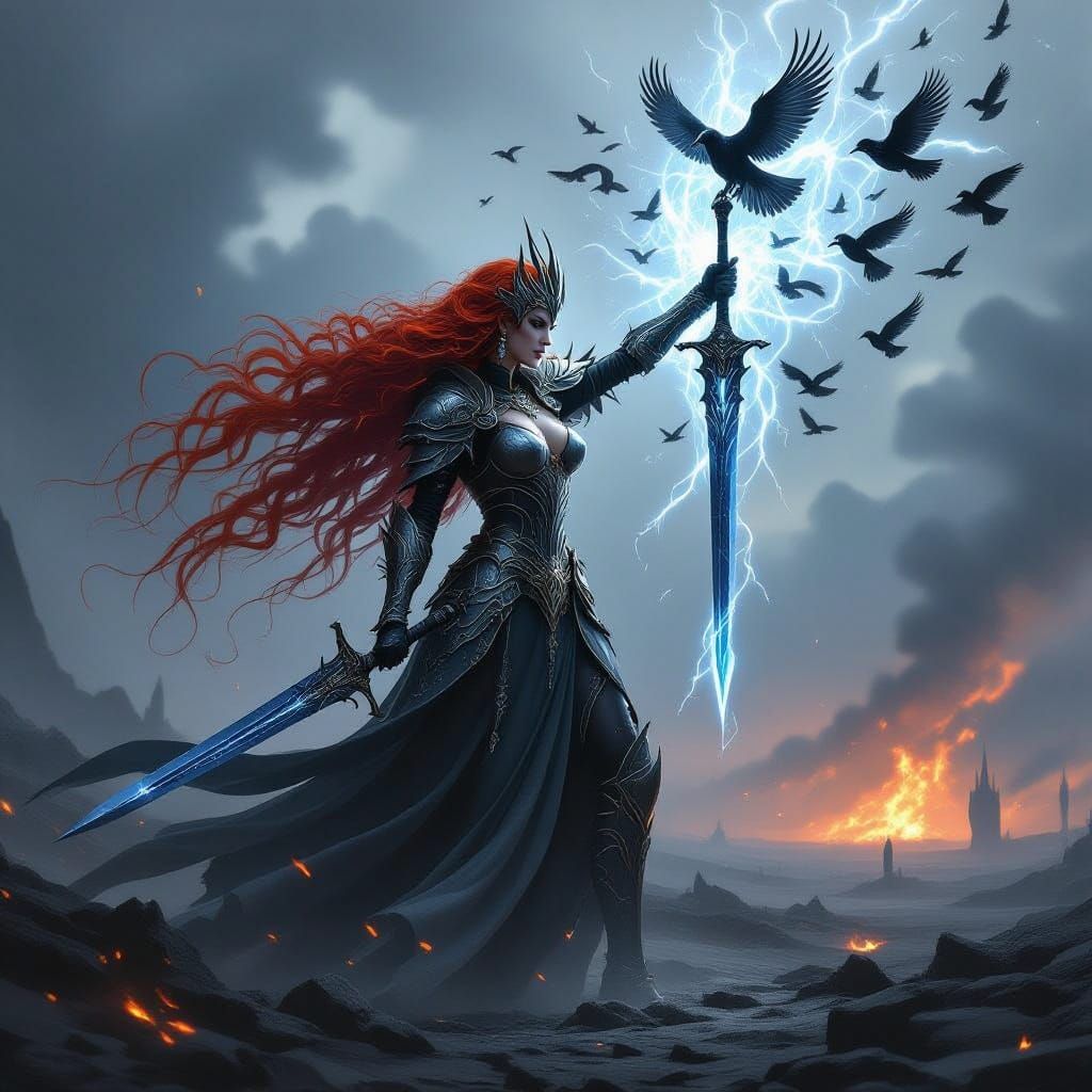 Spectral Warrior Queen on a Desolate Battlefield in Dark Fan...