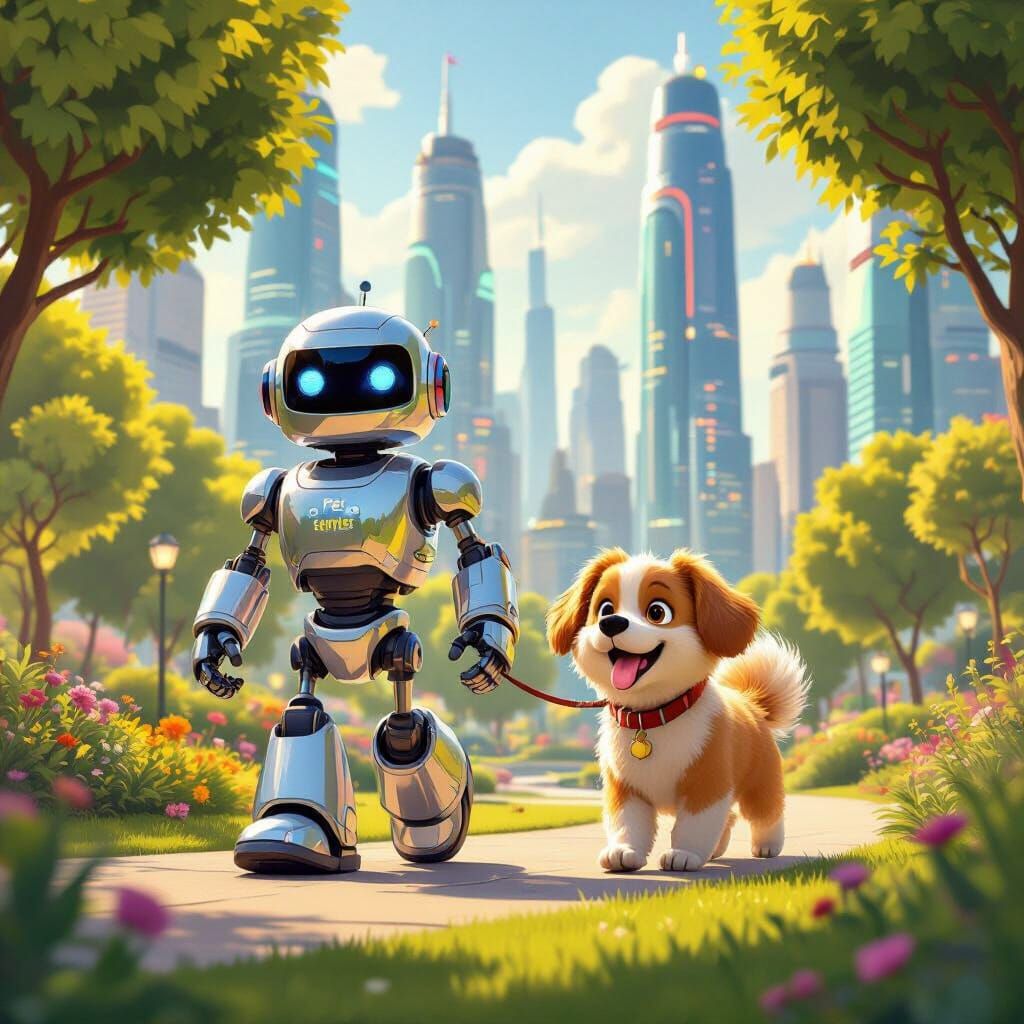 Futuristic Smart City with Robot and Dog in Cartoon Style