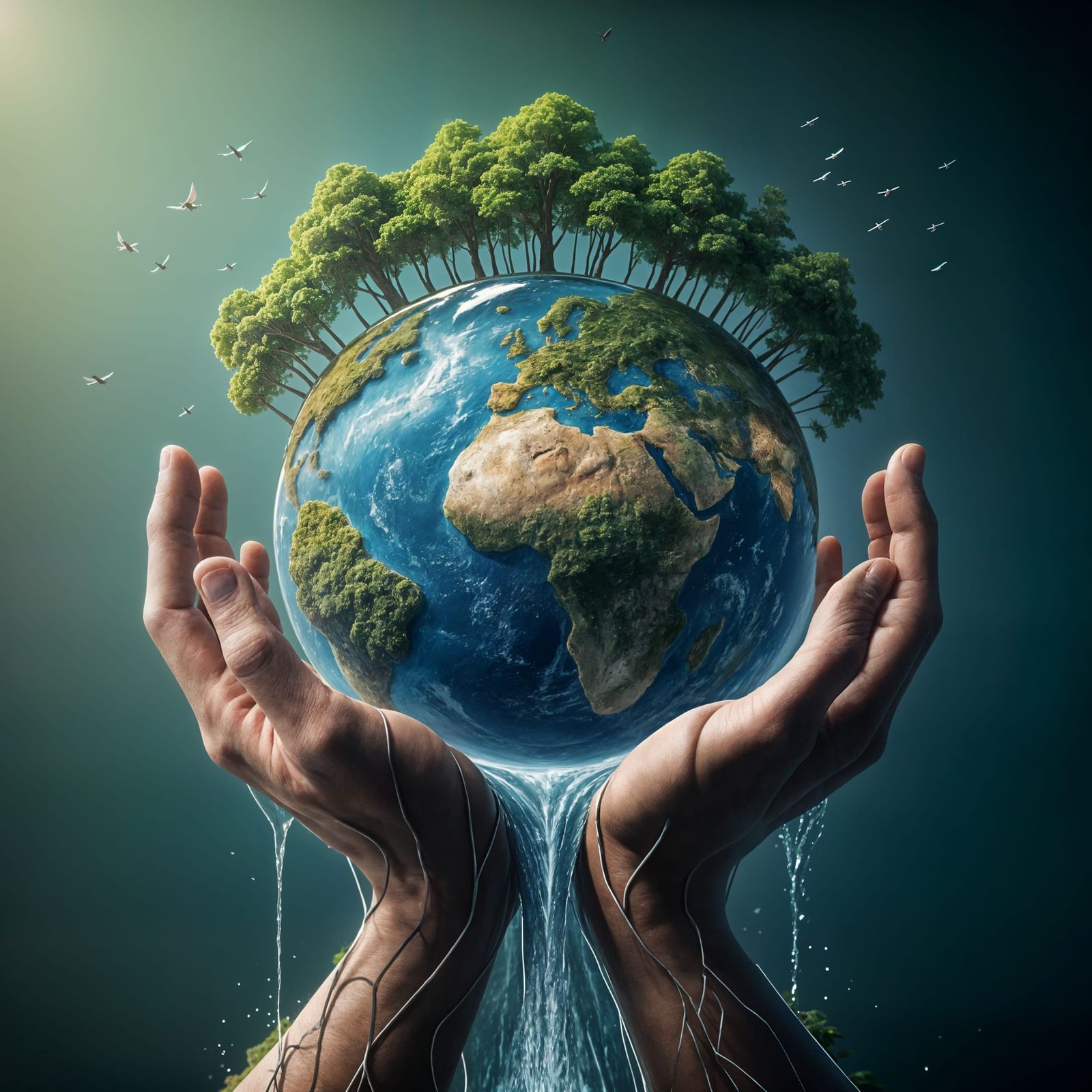 Hands Holding 3D Globe with Flowing Waters
