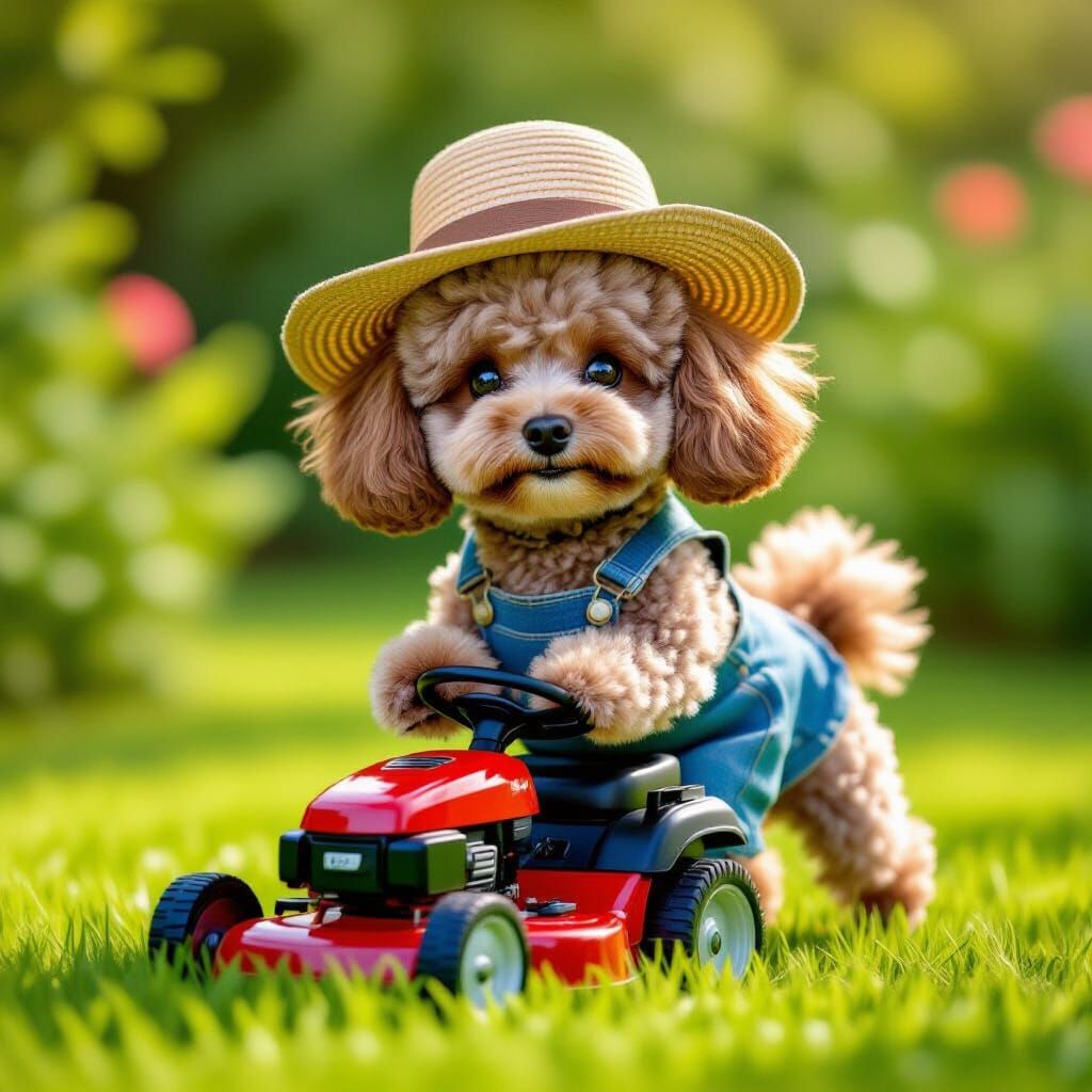 Poodle Pushing Lawnmower in Whimsical Garden Style