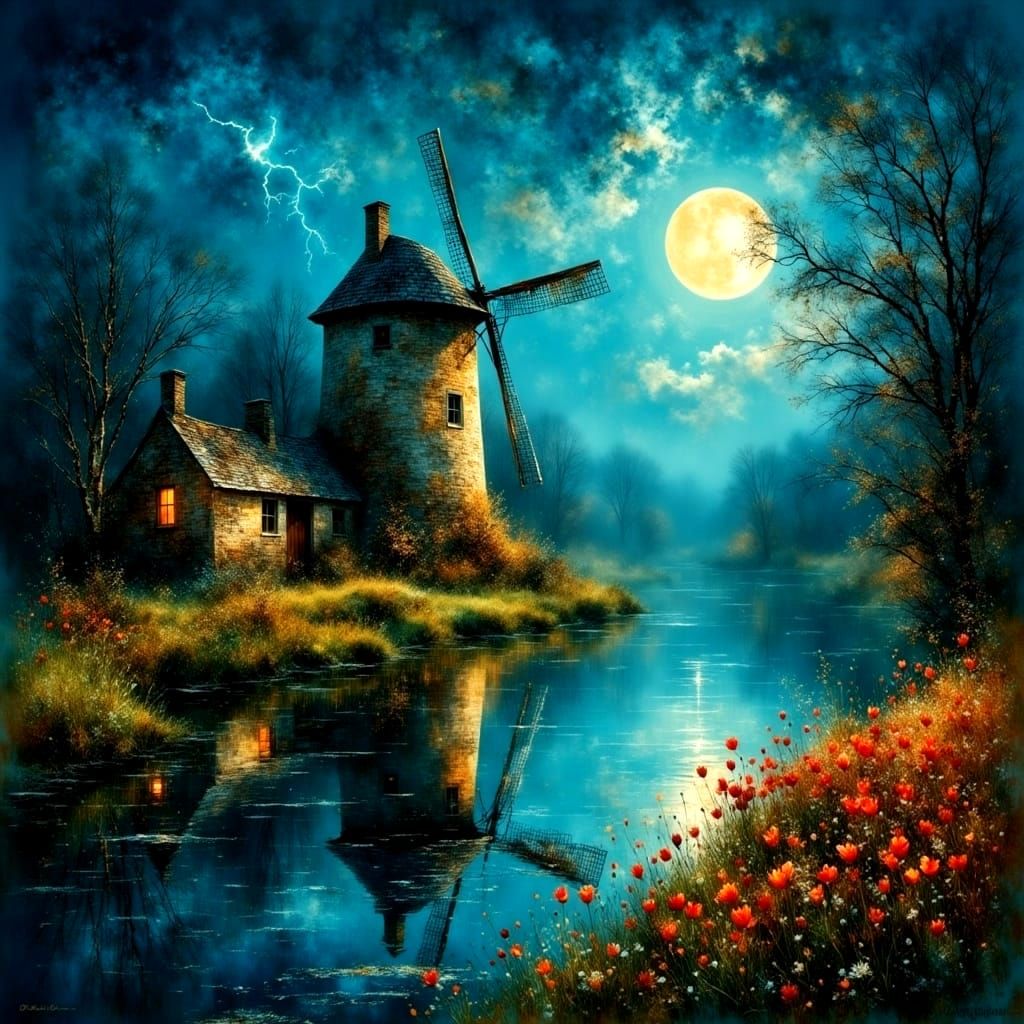 Ethereal Windmill Scene at Night