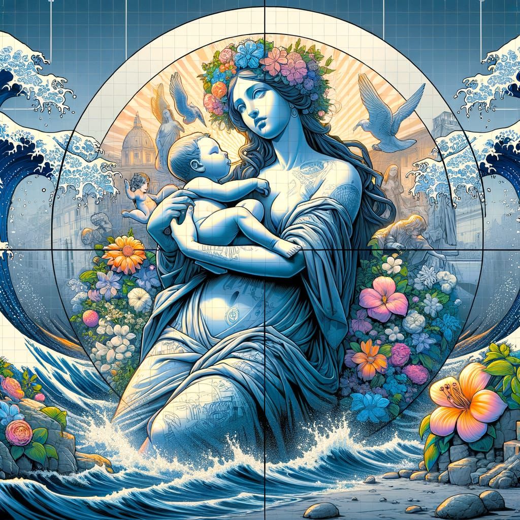 Botticelli Venus as Graffiti Art Emerging from Sea with Baby