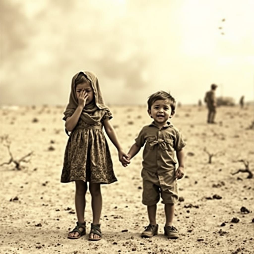 Timeless Tears: A Young Boy and Girl Stand Steadfast in a Ba...