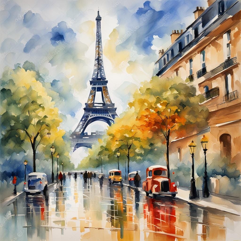 Eiffel Tower in Gouache Watercolor Style