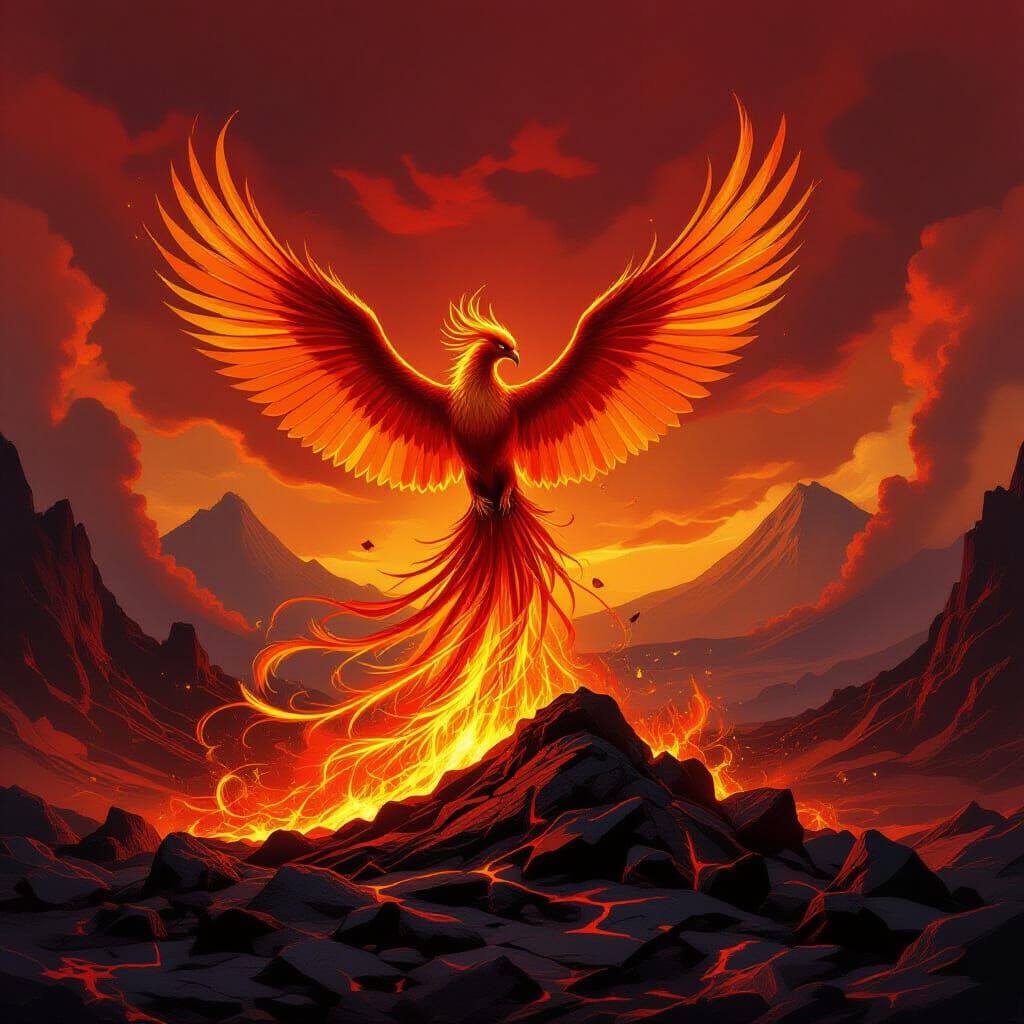 Majestic Phoenix Rises from Fiery Landscape