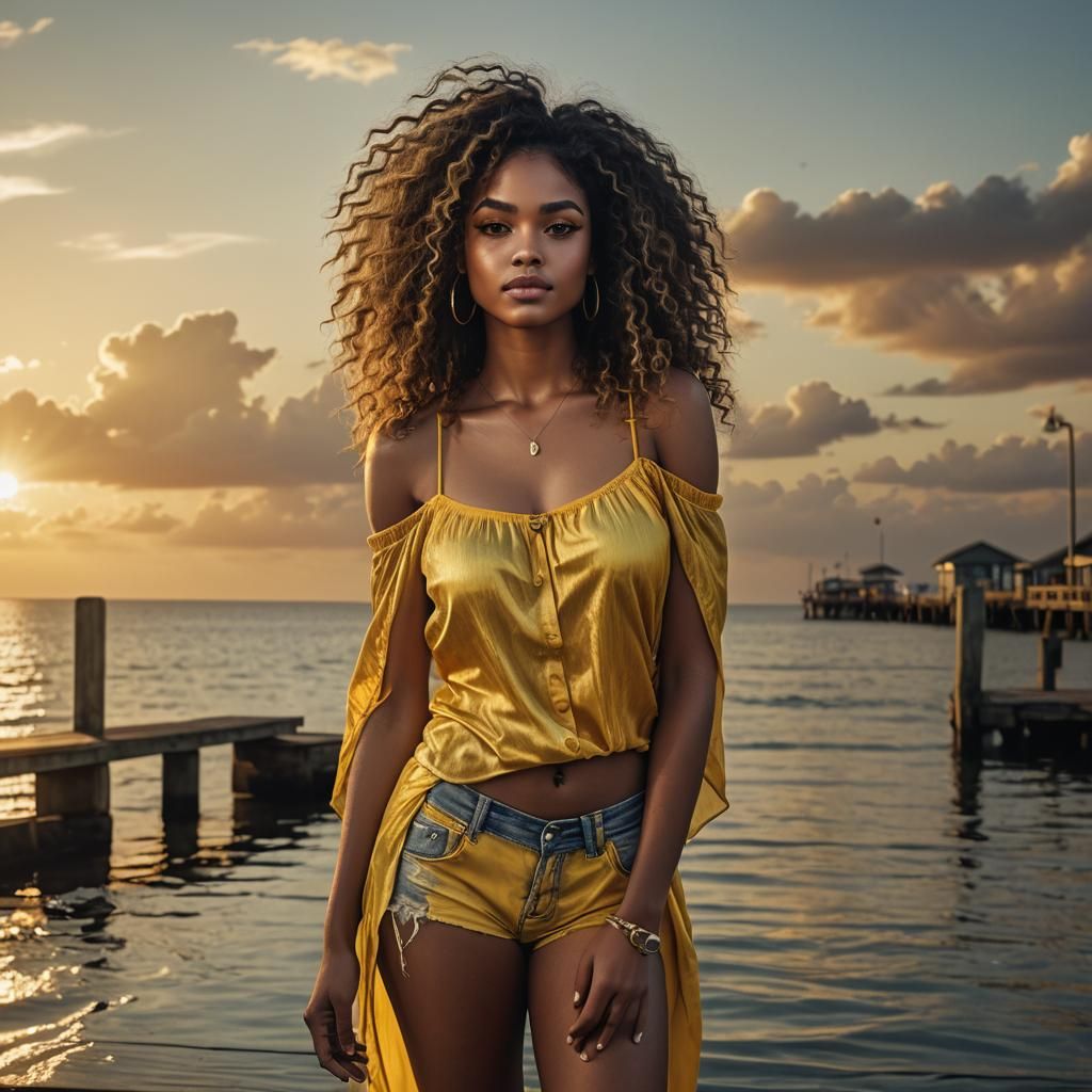 Stunning Afro-Brazilian Woman at Sunset, Digital Painting