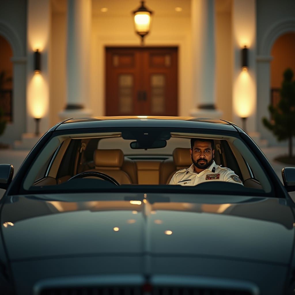 Luxurious Car Driver in Grand Residential Entrance