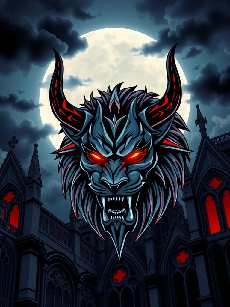 Demonic Lion Mask with Obsidian Horns in Gothic Style