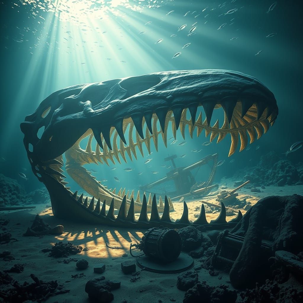 Megalodon Skeleton on Ocean Floor in Cinematic Style