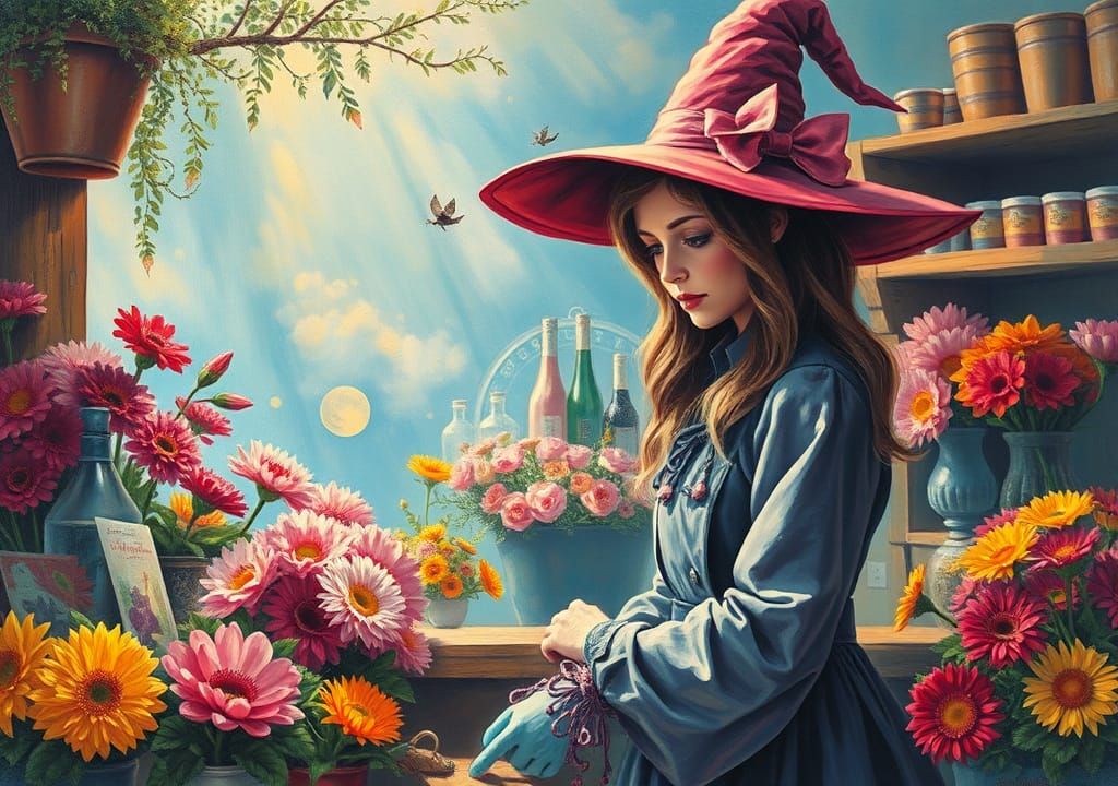 Whimsical Witch in Flower Shop, Gouache Pastel