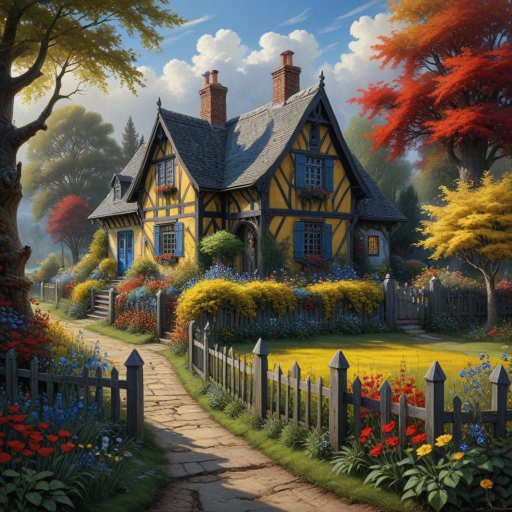 Tudor Cottage in Vibrant Fantasy Landscape