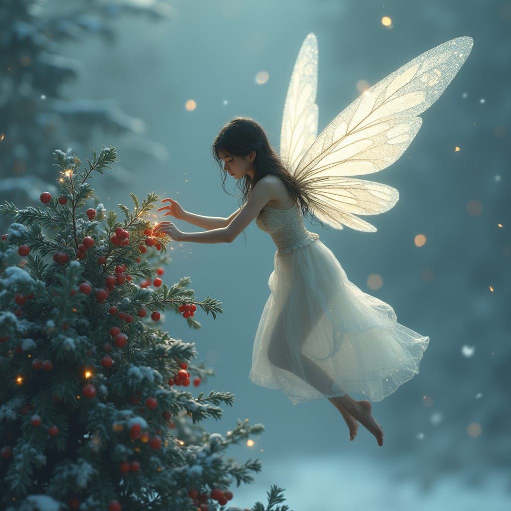 Anime Fairy Over Snowy Holly Bush With Icy Wings